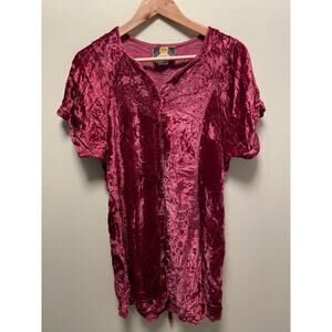 Vintage Womens Tunic Large Red Velvet Embroidered Whimsigoth Boho Witchy 90s